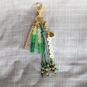 GREEN & GOLD CHARM FOR HANDBAG PURSE TOTE BACKPACK WITH GLASS BEADS